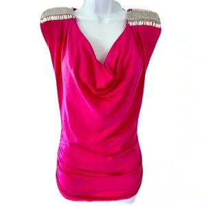 bebe Hot Pink Cowl Neck Tank with Beaded Shoulder Accents